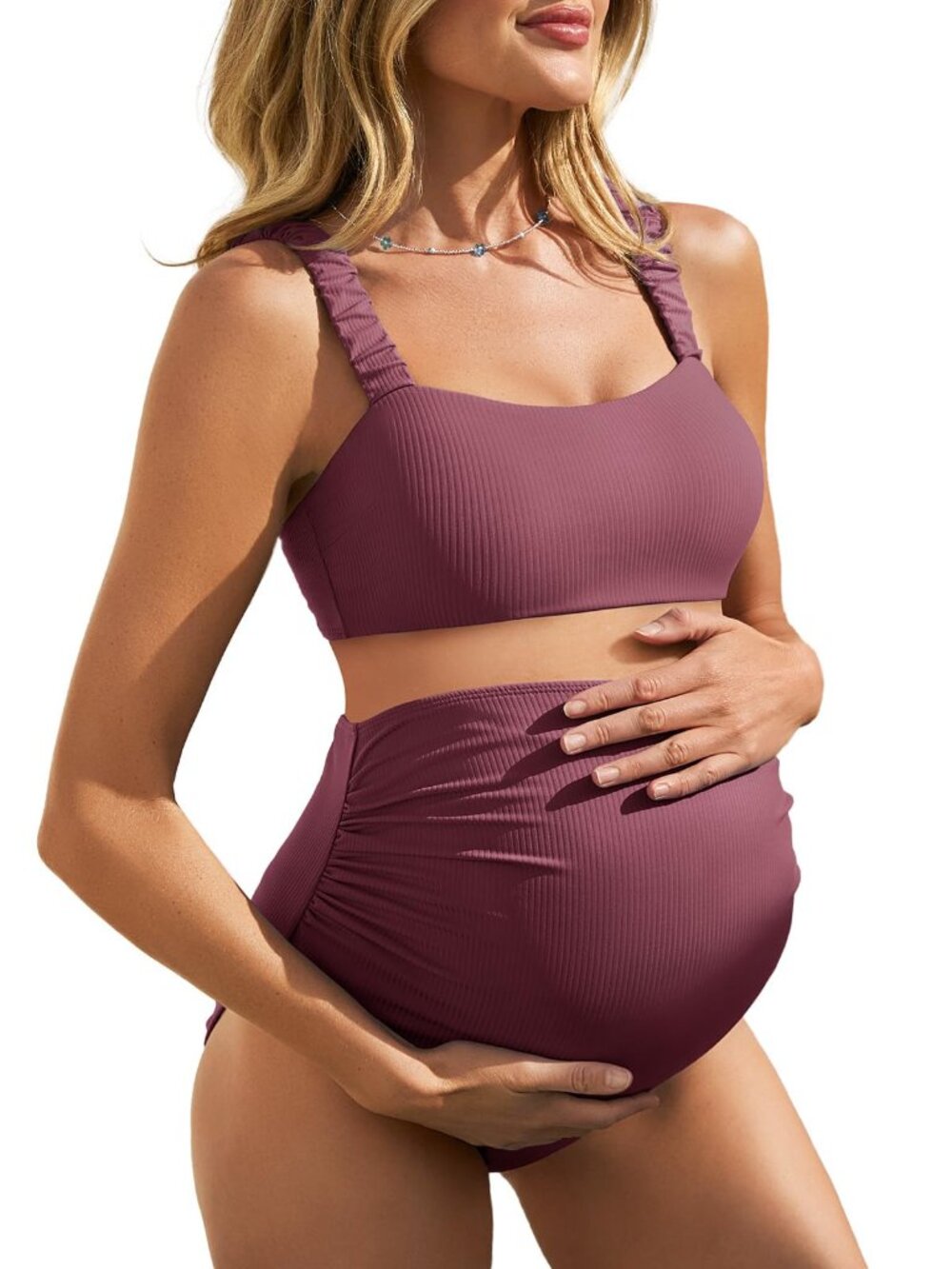 Summer Mae Ribbed Maternity Bikini Swimsuit for Women High Waisted Two-Piece 14